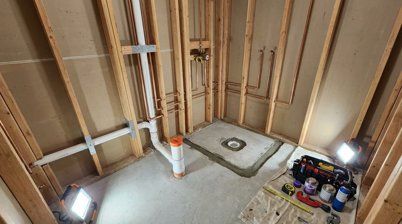 Bathroom rough-in plumbing during remodel by Johns Plumbing LLC in Richfield